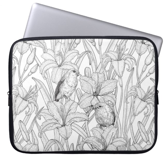 Robins en leliebloemen, zwart en wit laptop sleeve (Voorkant)