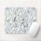 Robins en leliebloemen, zwart en wit muismat (Met muis)