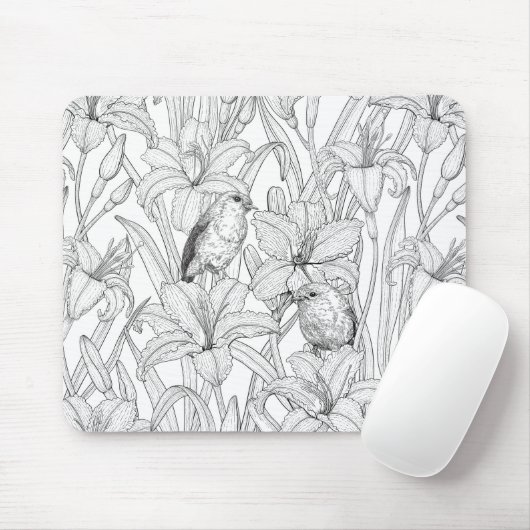 Robins en leliebloemen, zwart en wit muismat (Met muis)