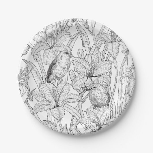 Robins en leliebloemen, zwart en wit papieren bordje (Voorkant)