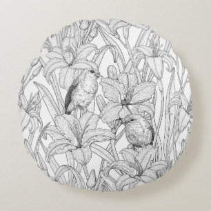 Robins en leliebloemen, zwart en wit rond kussen