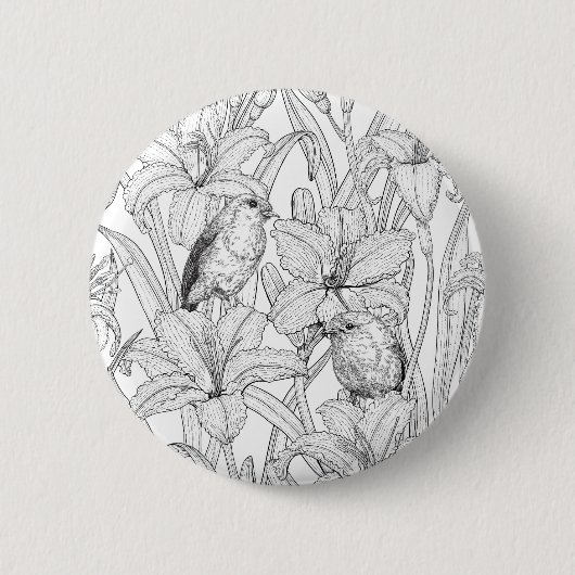 Robins en leliebloemen, zwart en wit ronde button 5,7 cm (Voorkant)