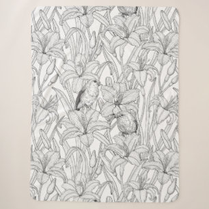 Robins en leliebloemen, zwart en wit sherpa deken