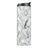 Robins en leliebloemen, zwart en wit thermosbeker (Gedraaid links)