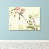 Robins en Peony japans bloemenkunst Canvas Afdruk (Insitu (Houten vloer))