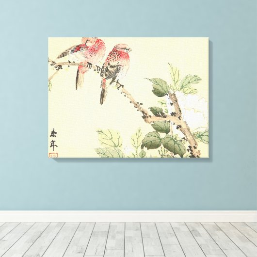 Robins en Peony japans bloemenkunst Canvas Afdruk (Insitu (Houten vloer))