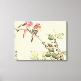 Robins en Peony japans  bloemenkunst Canvas Afdruk
