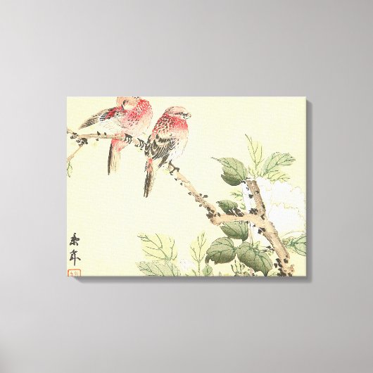 Robins en Peony japans bloemenkunst Canvas Afdruk (Voorkant)