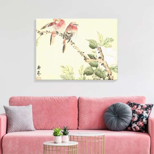 Robins en Peony japans bloemenkunst Canvas Afdruk (Insitu (Woonkamer))