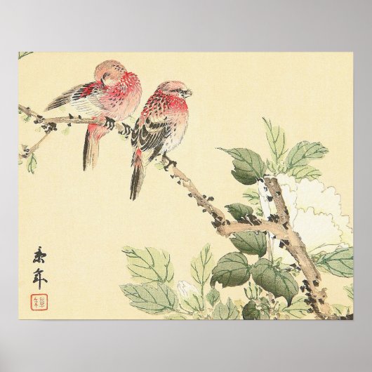 Robins en Peony japans  bloemenkunst Poster (Voorkant)