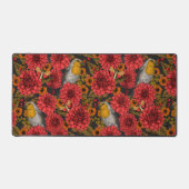 Robins in de herfsttuin, rode dahlias op zwart bureaumat (Voorkant)