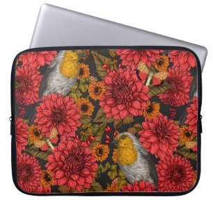 Robins in de herfsttuin, rode dahlias op zwart laptop sleeve