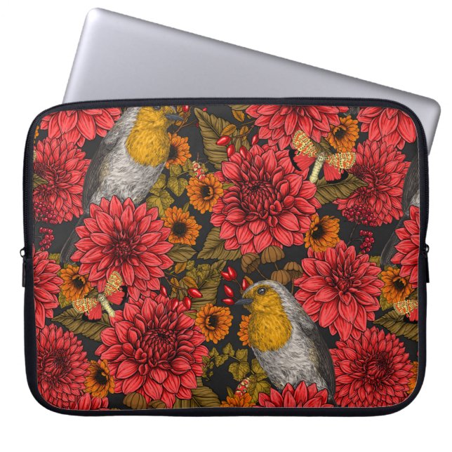 Robins in de herfsttuin, rode dahlias op zwart laptop sleeve (Voorkant)