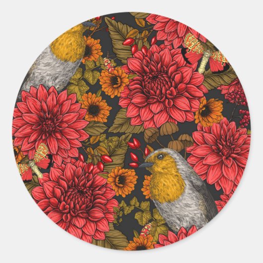 Robins in de herfsttuin, rode dahlias op zwart ronde sticker (Voorkant)