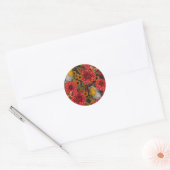 Robins in de herfsttuin, rode dahlias op zwart ronde sticker (Envelop)