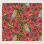 Robins in de herfsttuin, rode dahlias op zwart sjaal<br><div class="desc">Door de hand getrokken naadloos patroon met roofvogels,  moten,  dagbladbloemen,  kalendula en diverse bessen en bladeren</div>