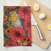 Robins in de herfsttuin, rode dahlias op zwart theedoek (Quarter Fold)