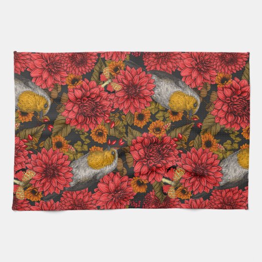 Robins in de herfsttuin, rode dahlias op zwart theedoek (Horizontaal)