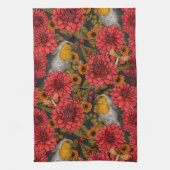 Robins in de herfsttuin, rode dahlias op zwart theedoek (Verticaal)