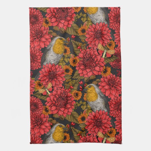 Robins in de herfsttuin, rode dahlias op zwart theedoek (Verticaal)