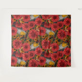 Robins in de herfsttuin, rode dahlias op zwart wandkleed (Voorkant (horizontaal))