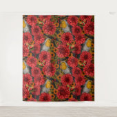 Robins in de herfsttuin, rode dahlias op zwart wandkleed (Voorkant)