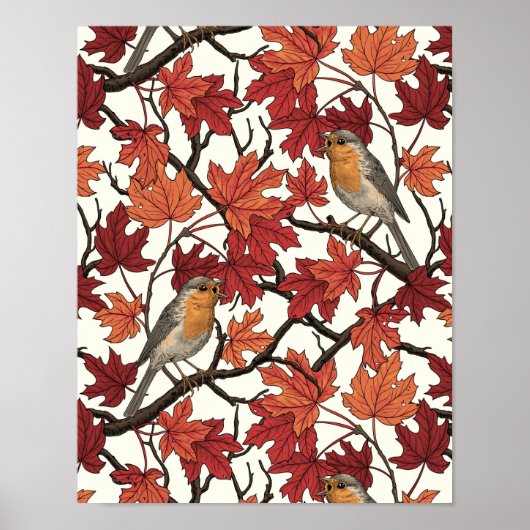 Robins in maple tree on off white poster (Voorkant)