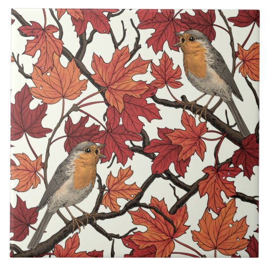 Robins in maple tree on off white tegeltje (Voorkant)
