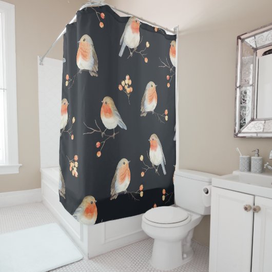 Robins, lijsterbessen, winterse waterverf. douchegordijn (In situ)