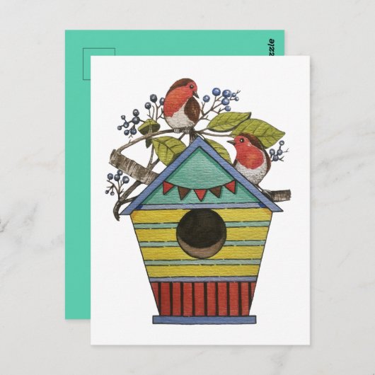 Robins met bosbessen en vogelhuiskunst briefkaart (Voorkant / Achterkant)