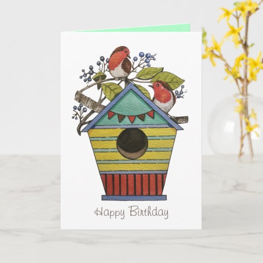 Robins met bosbessen en vogelhuiskunst kaart (Gele Bloem)