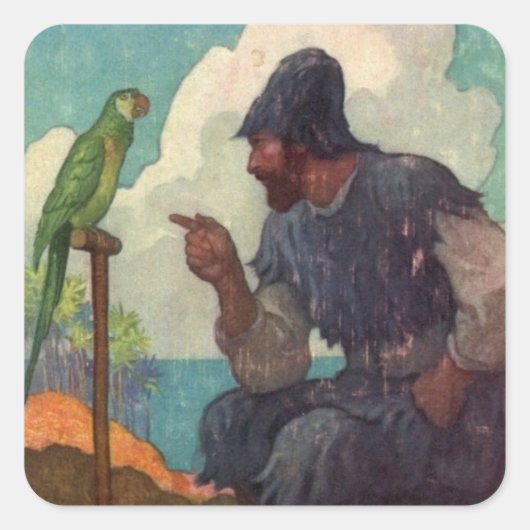 Robinson Crusoe en Parrot Poll Vierkante Sticker (Voorkant)