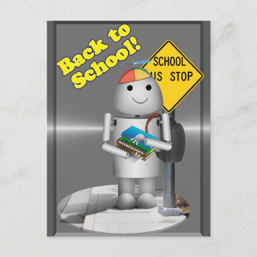 Robo-x9 bij de schoolbushalte briefkaart (Voorkant)