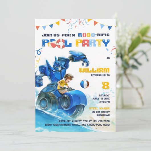 Robo Zwembad Feest Verjaardagsuitnodiging Kaart (Staand voorkant)