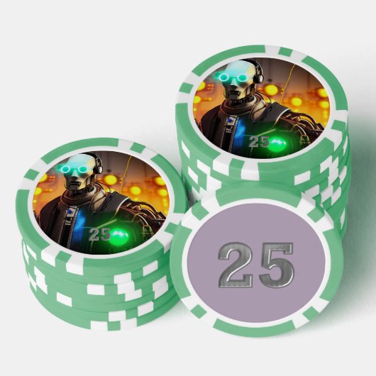 Robot 2 groene 25 gestreepte pokerchip (Opstapeling)