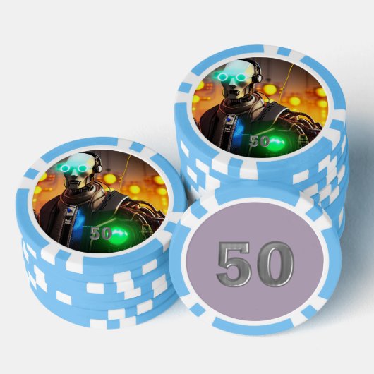 Robot 2 lichtblauw 50 gestreepte pokerchip (Opstapeling)