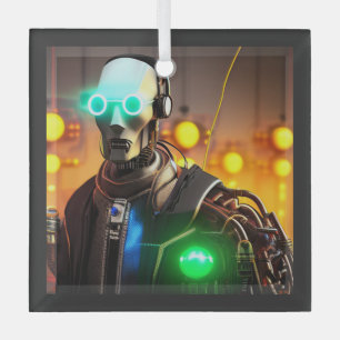 Robot 2 ornament van vierkant glas