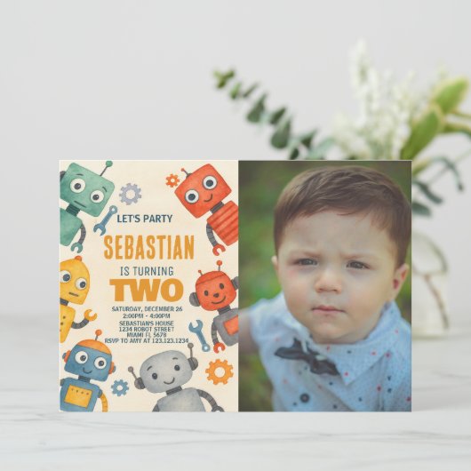 Robot 2e verjaardag uitnodiging met foto (Staand voorkant)