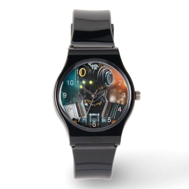 Robot 3 zwart siliconen bandje horloge w nummers (Voorkant)