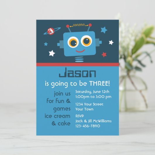 Robot 3e verjaardag - Aangepaste uitnodigingen (Staand voorkant)
