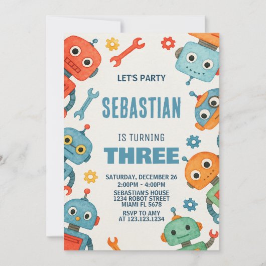 Robot 3e verjaardag uitnodiging (Voorkant)