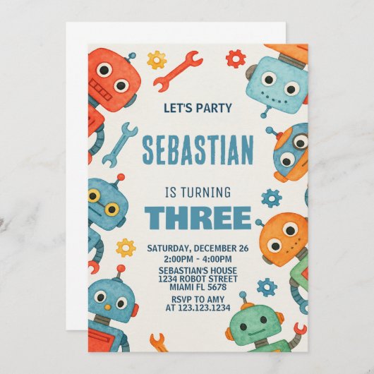 Robot 3e verjaardag uitnodiging (Voorkant / Achterkant)