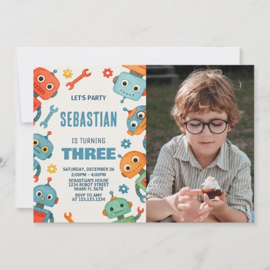 Robot 3e verjaardag uitnodiging met foto (Voorkant)