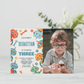 Robot 3e verjaardag uitnodiging met foto (Staand voorkant)