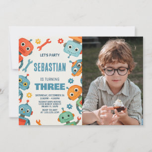 Robot 3e verjaardag uitnodiging met foto