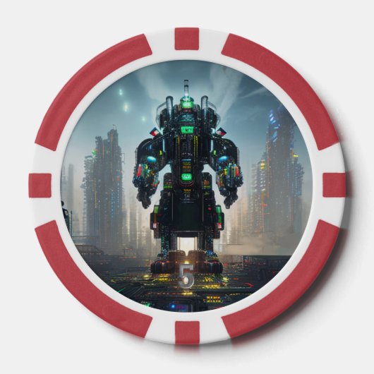 Robot 4 rood 5 gestreepte pokerchip (Voorkant)