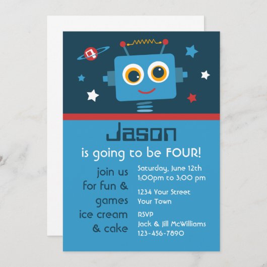 Robot 4e verjaardag Aangepaste uitnodigingen (Voorkant / Achterkant)