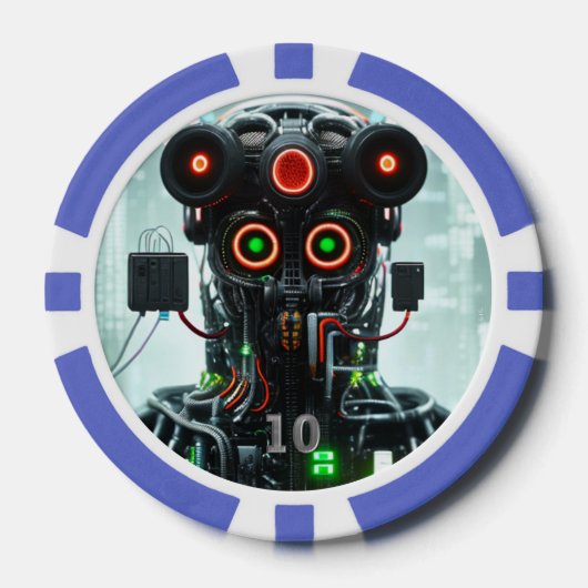 Robot 5 blauw 10 gestreepte pokerchip (Voorkant)