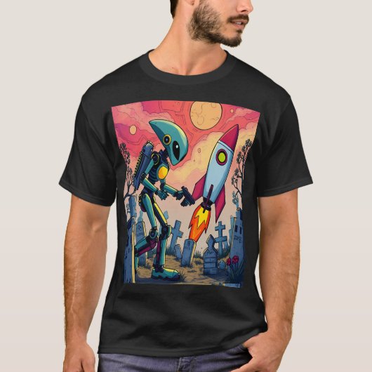 Robot and Rocket in Futuristic Cemetery T-shirt (Voorkant)