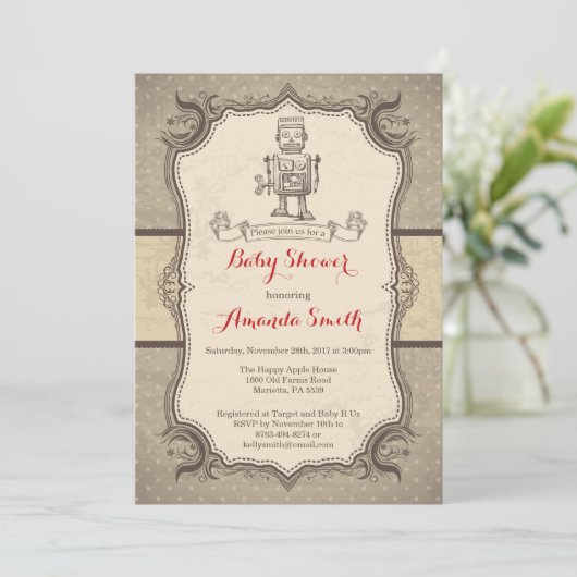 Robot Baby shower Uitnodiging Retro (Staand voorkant)